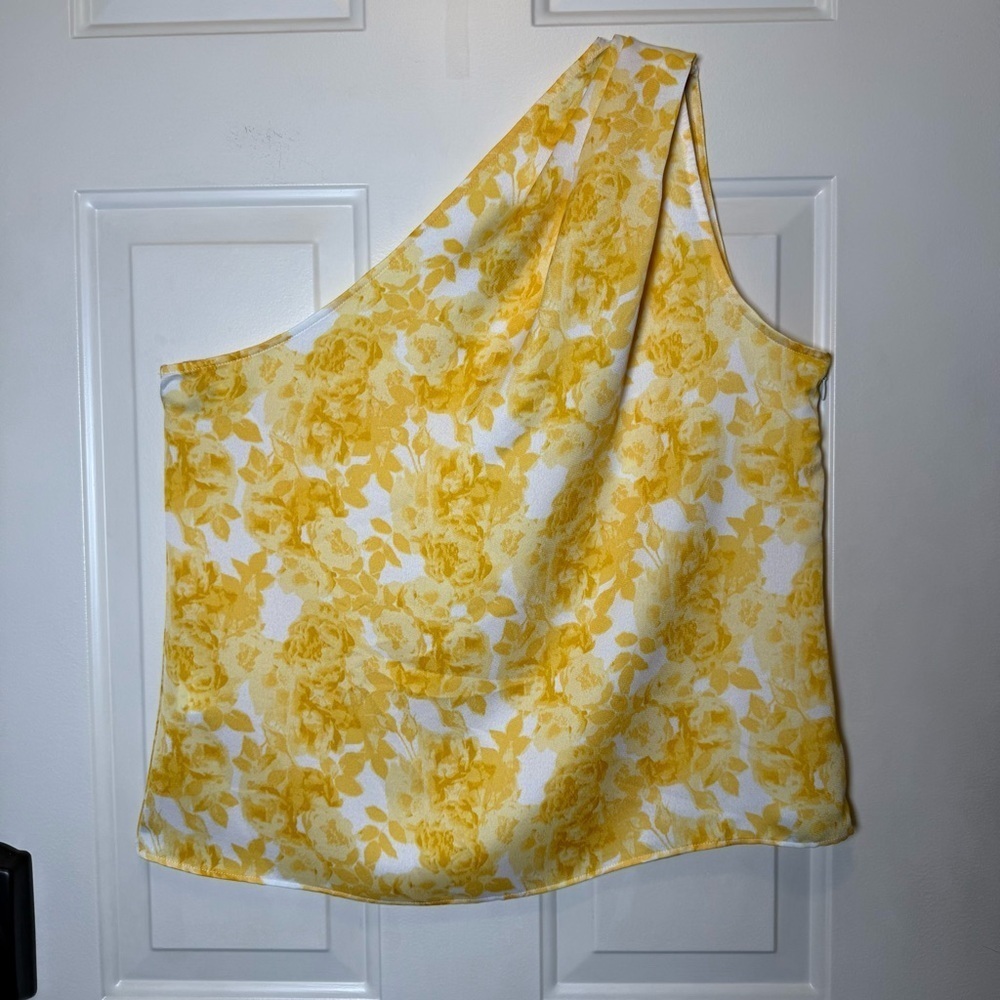 White House Black Market One-Shoulder Yellow Floral Top Blouse – Size L WHBM